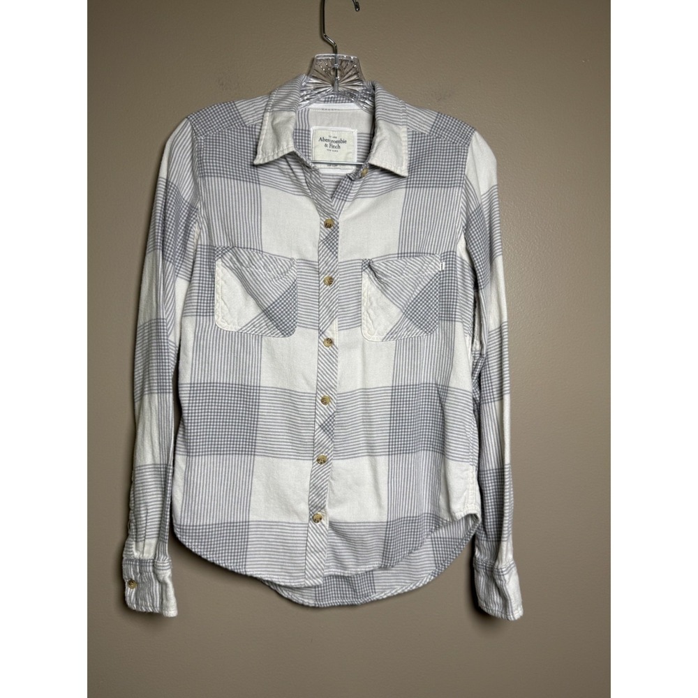 Abercrombie & Fitch Women Grey White Plaid Flannel Button Up Shirt XS